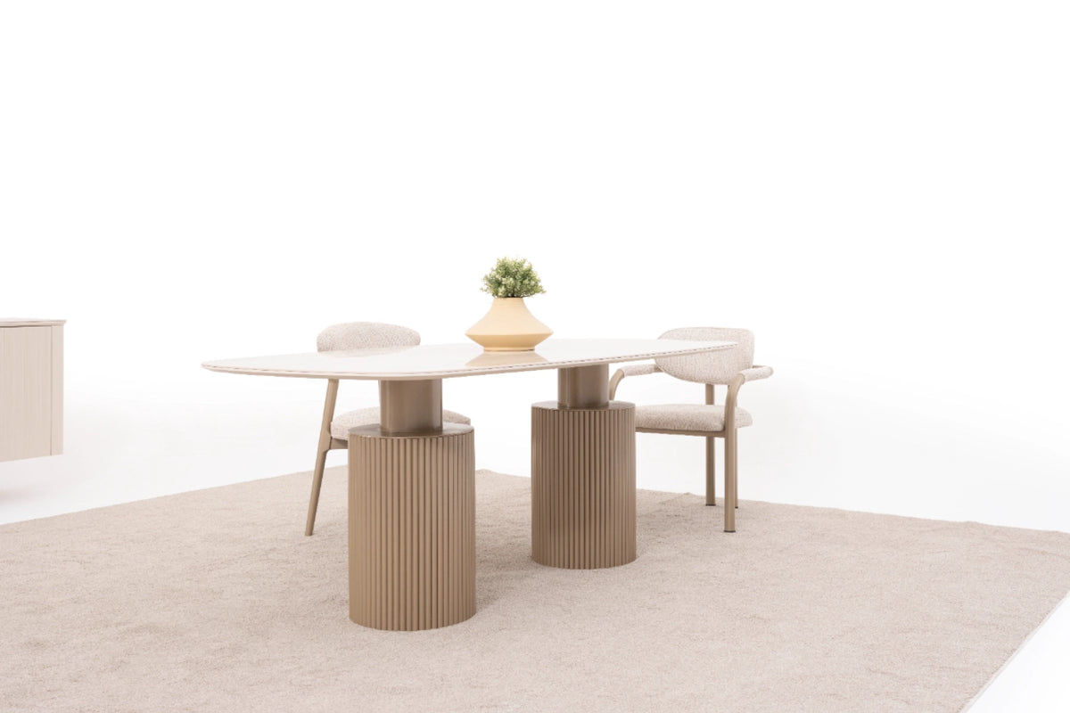 Venice Esszimmer Set – Keramik Esstisch, Sideboard, Spiegel & 6 Stühle in Beige