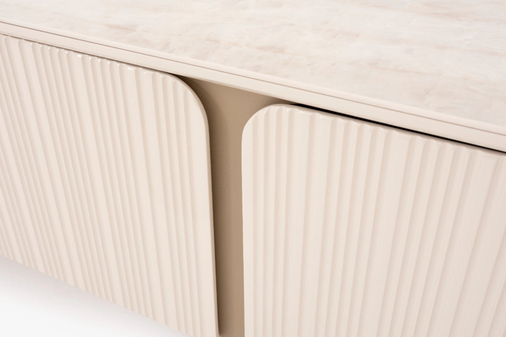 Venice Esszimmer Set – Keramik Esstisch, Sideboard, Spiegel & 6 Stühle in Beige