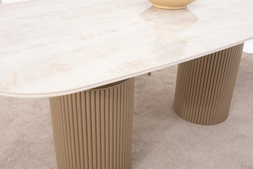 Venice Esszimmer Set – Keramik Esstisch, Sideboard, Spiegel & 6 Stühle in Beige