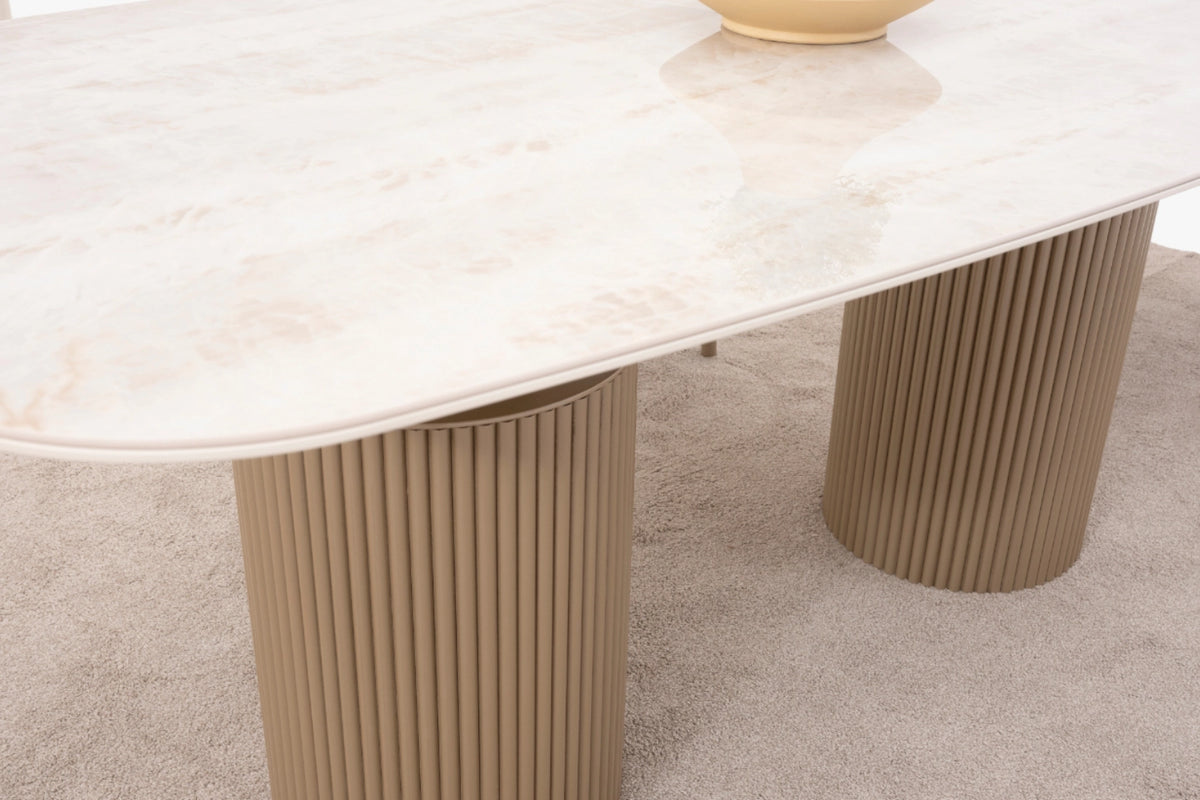 Venice Esszimmer Set – Keramik Esstisch, Sideboard, Spiegel & 6 Stühle in Beige