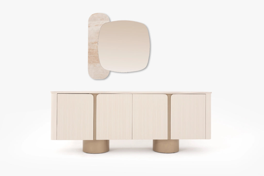Venice Esszimmer Set – Keramik Esstisch, Sideboard, Spiegel & 6 Stühle in Beige