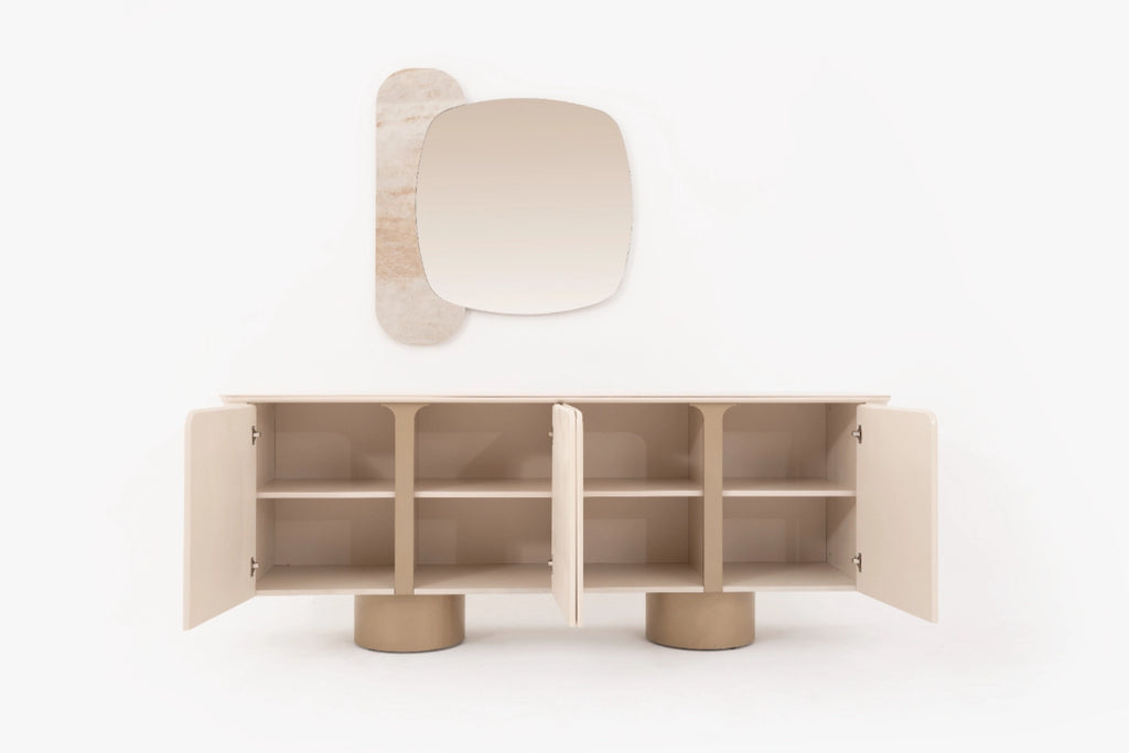 Venice Esszimmer Set – Keramik Esstisch, Sideboard, Spiegel & 6 Stühle in Beige