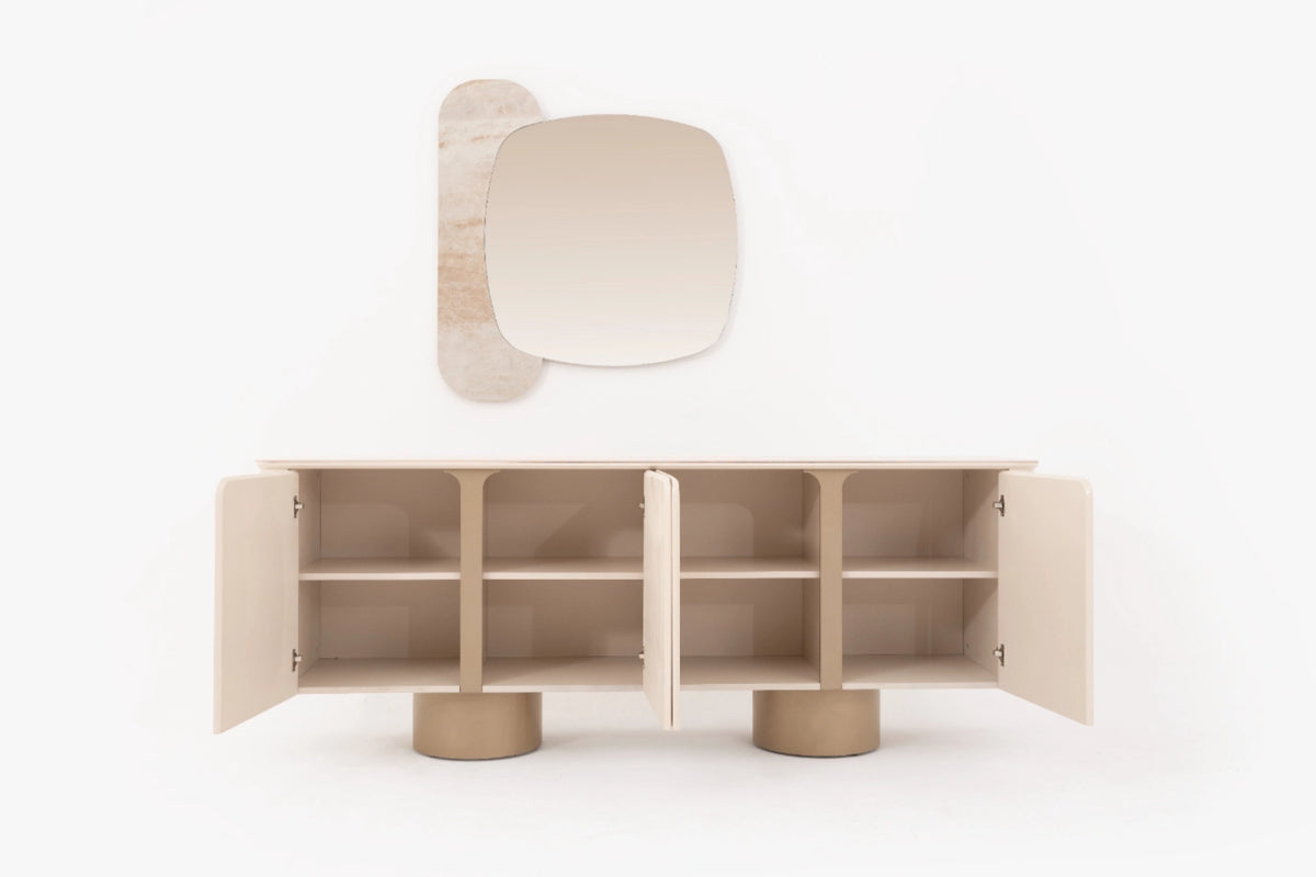 Venice Esszimmer Set – Keramik Esstisch, Sideboard, Spiegel & 6 Stühle in Beige
