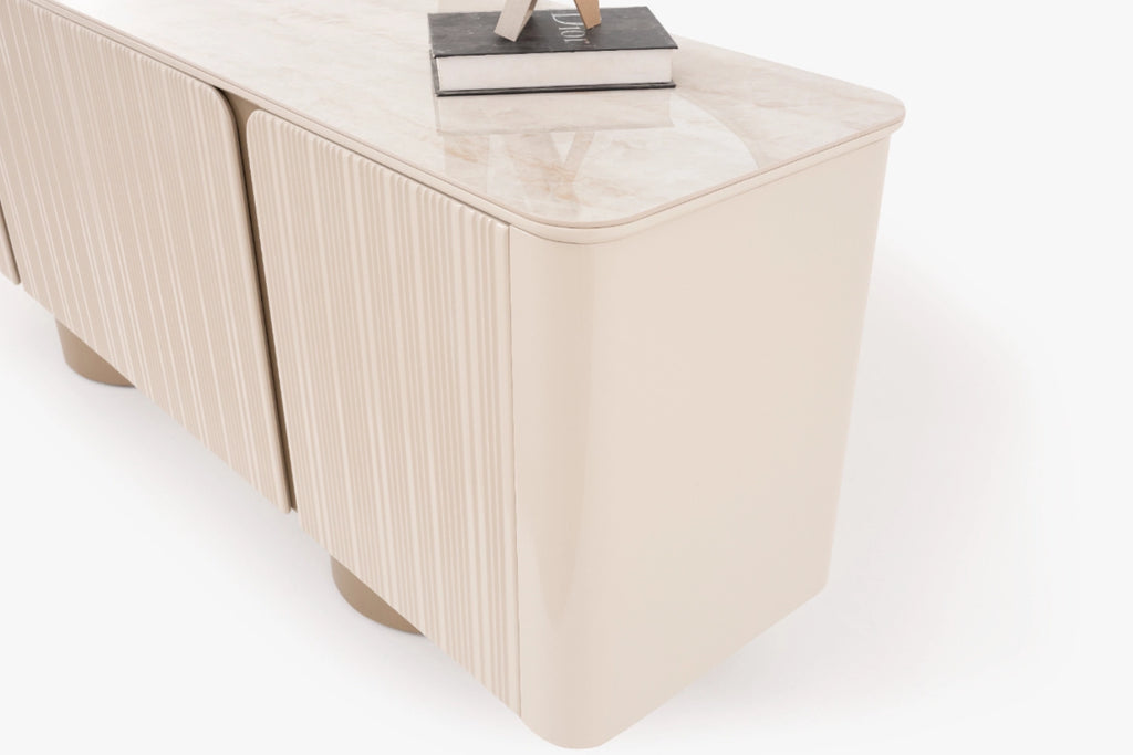 Venice Esszimmer Set – Keramik Esstisch, Sideboard, Spiegel & 6 Stühle in Beige